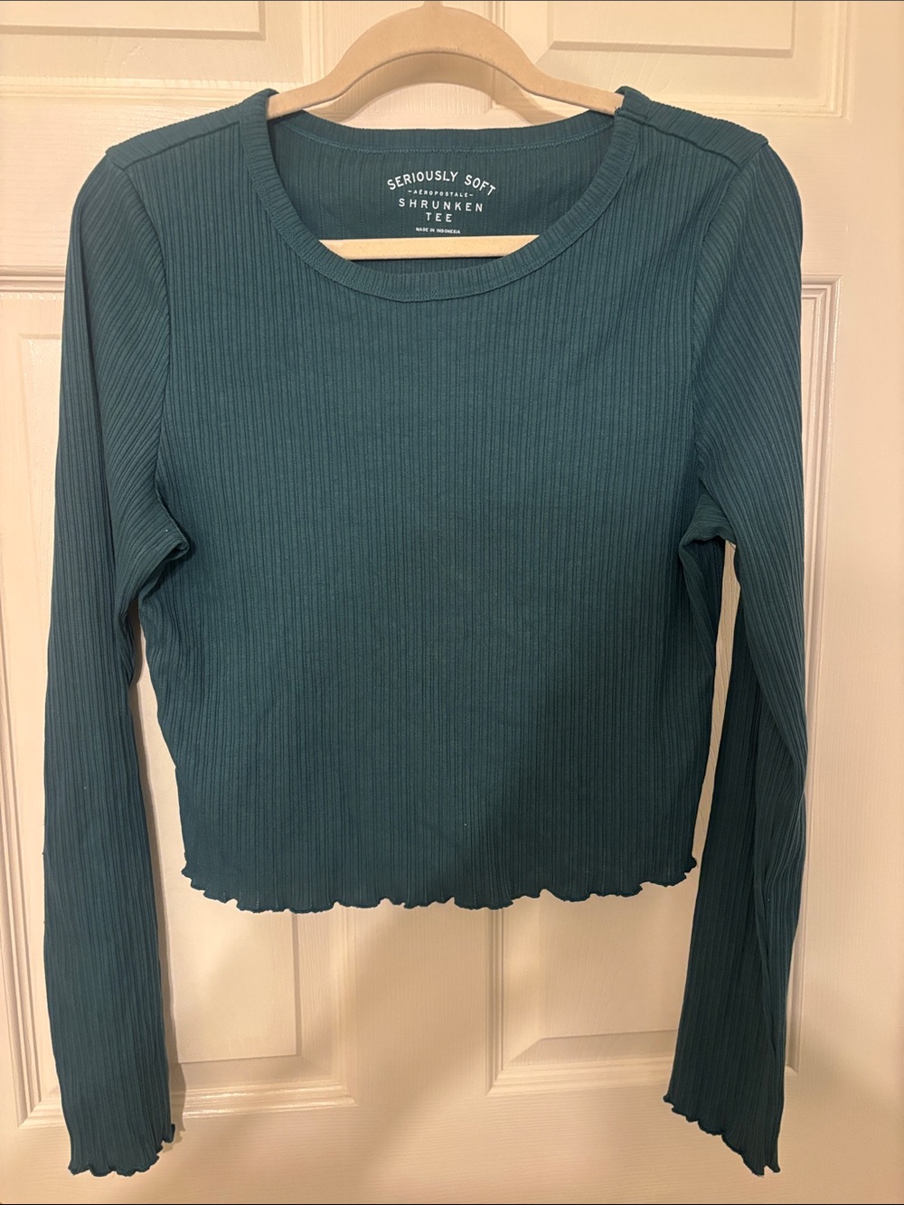 Aeropostale Seriously Soft Teal Ribbed Long-Sleeve Crop Tee